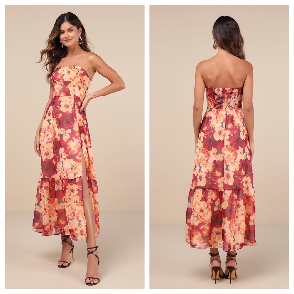 Lulus Bright Perspective Plum and Orange Floral Strapless
Midi Dress